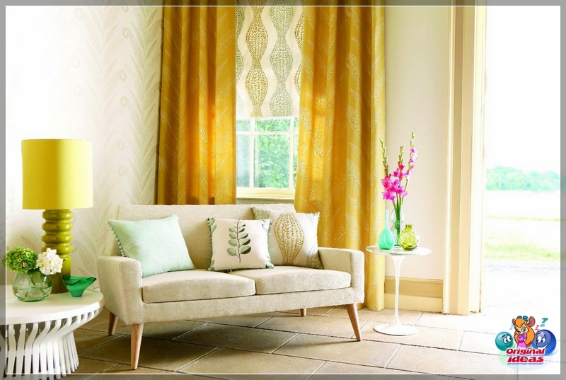 The curtains in the living room are yellow The curtains in the living room are yellow
