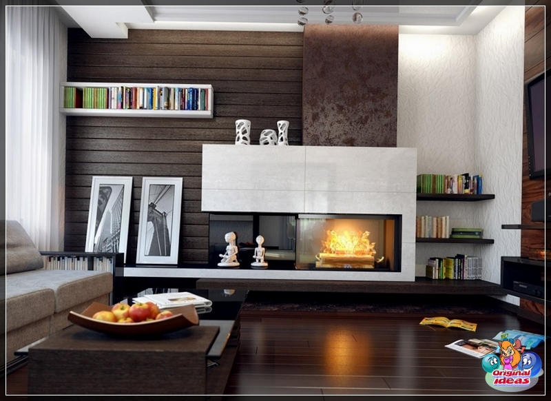 Auf dem Foto befindet sich im Inneren des Wohnzimmers ein elektrischer Kamin