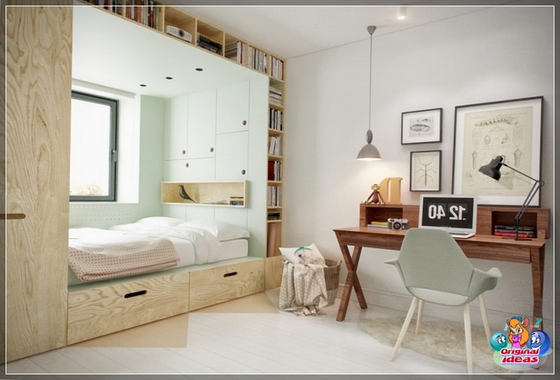 Bed area in the room for a teenager