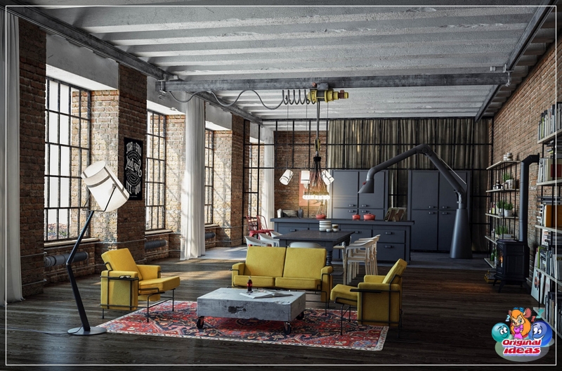 Große originelle Stehlampen sehen in einem geräumigen Loft-Wohnzimmer großartig aus