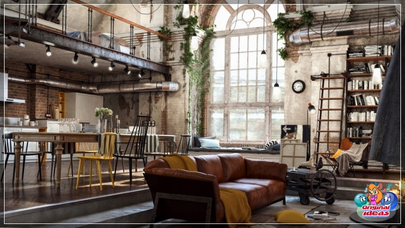 Eine Vielzahl von Texturen und dekorativen Details kann ein Loft-Interieur in einem großen Raum beleben und ihm Gemütlichkeit verleihen