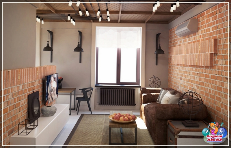 Trotz der Tatsache, dass das Loft anfangs ein geräumiges Zimmer mit hohen Decken annahm, können Sie in einer kleinen Wohnung ein Wohnzimmer in diesem Stil dekorieren