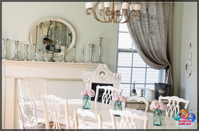 habitación En el estilo shabby chic, puede soportar todo el apartamento: el dormitorio, la cocina, la sala de estar e incluso el baño