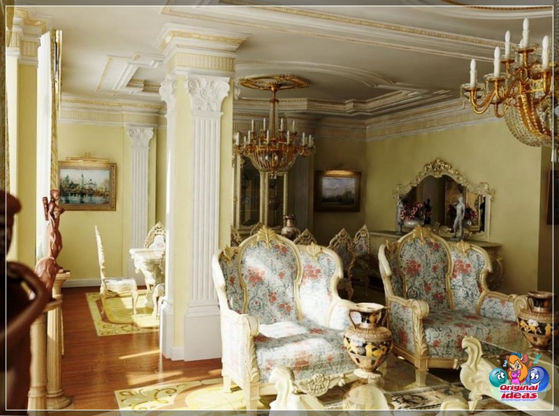 Płaskorzeźba na suficie i fałszywe kolumny w stylu Empire Płaskorzeźba na suficie i fałszywe kolumny w stylu Empire