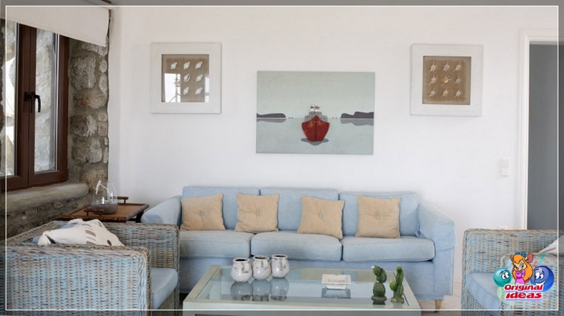 Wohnzimmer Wenn Sie ein Wohnzimmer im griechischen Stil dekorieren, können Sie das Interieur mit Korbmöbeln aus Rattan ergänzen
