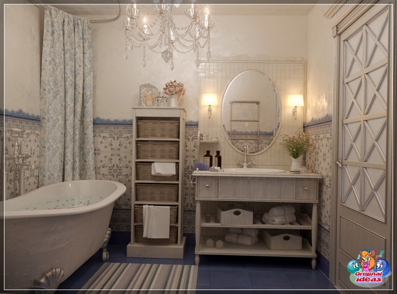 Kommode mit Korbschubladen im Badezimmer im Provence-Stil Kommode mit Korbschubladen im Badezimmer im Provence-Stil