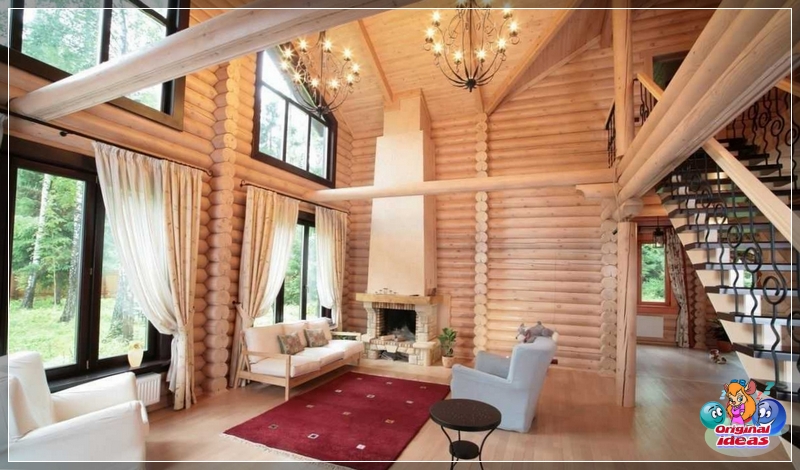 design The interior of a private house made of rounded logs