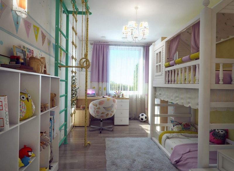 recoger Diseño interior de una habitación infantil estrecha para dos niñas
