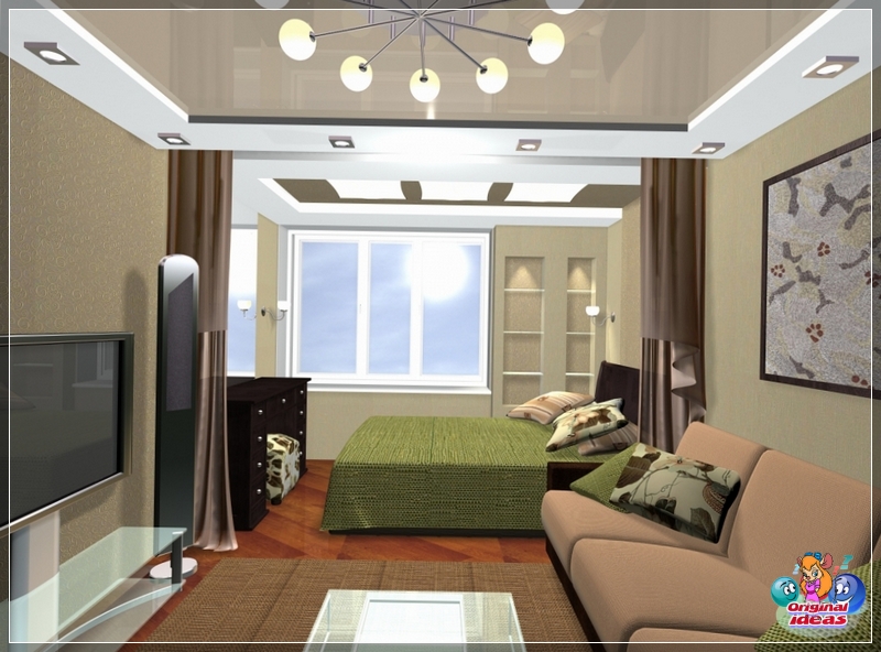 diseño Interior de un estrecho salón-dormitorio en colores pastel