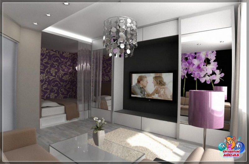 diseño TV en la pared del salón-dormitorio
