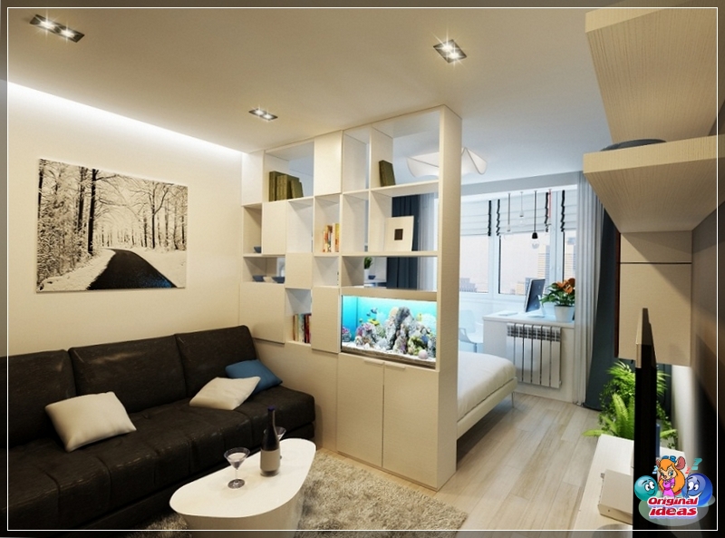 diseño Partición con un acuario para zonificar la sala de estar y el dormitorio