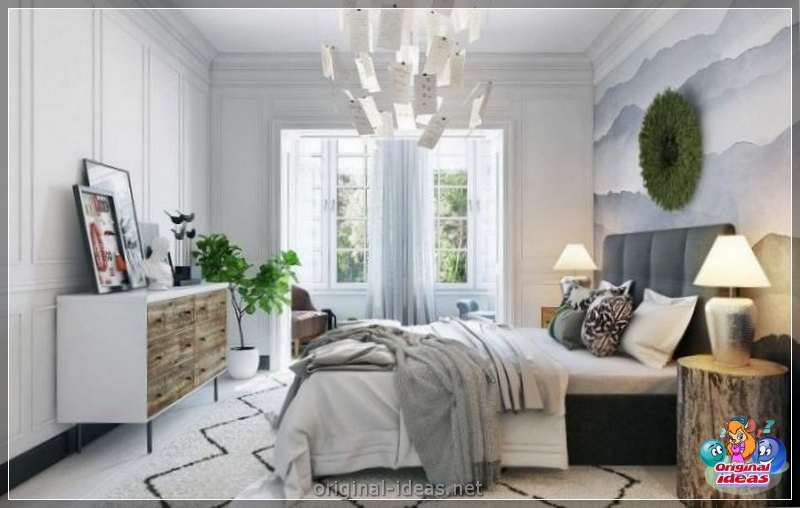 O interior do quarto no estilo escandinavo 2023: novos itens, com papel de parede, em tons cinzentos, com móveis brancos, fotos reais (2023) O interior do quarto no estilo escandinavo 2023: novos itens, com papel de parede, em tons cinzentos, com móveis brancos, fotos reais