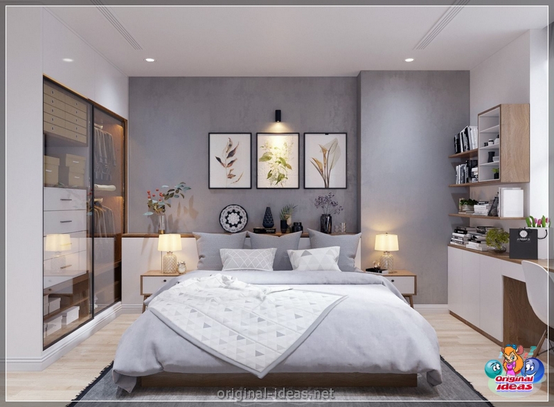 O interior do quarto no estilo escandinavo 2023: novos itens, com papel de parede, em tons cinzentos, com móveis brancos, fotos reais (escandinavo) O interior do quarto no estilo escandinavo 2023: novos itens, com papel de parede, em tons cinzentos, com móveis brancos, fotos reais