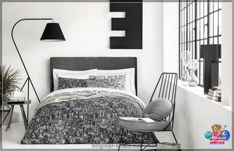 O interior do quarto no estilo escandinavo 2023: novos itens, com papel de parede, em tons cinzentos, com móveis brancos, fotos reais (escandinavo) O interior do quarto no estilo escandinavo 2023: novos itens, com papel de parede, em tons cinzentos, com móveis brancos, fotos reais