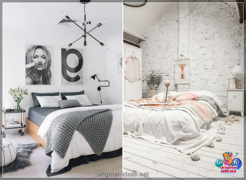 O interior do quarto no estilo escandinavo 2023: novos itens, com papel de parede, em tons cinzentos, com móveis brancos, fotos reais (estilo) O interior do quarto no estilo escandinavo 2023: novos itens, com papel de parede, em tons cinzentos, com móveis brancos, fotos reais