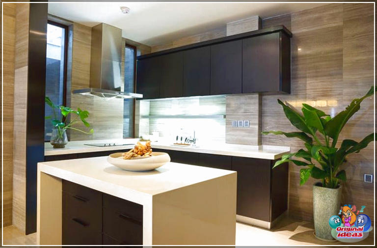 petites cuisines Cuisine moderne compacte avec comptoirs blancs et armoires marron