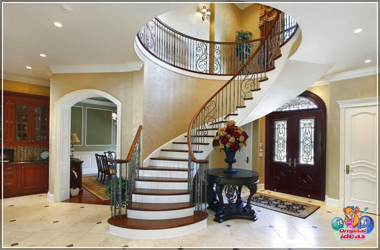 27 splendidi design per l'atrio e idee di decorazione () Foyer di lusso con scala a chiocciola e tavolo d'ingresso
