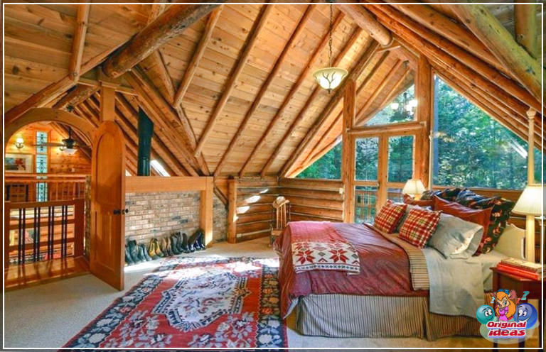 Idées élégantes de chambre loft (images de conception) () Chambre mezzanine cabine avec plafond voûté en bois
