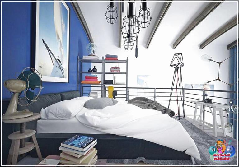 Idées élégantes de chambre loft (images de conception) () Loft chambre ado dans un style moderne avec des lumières Edison