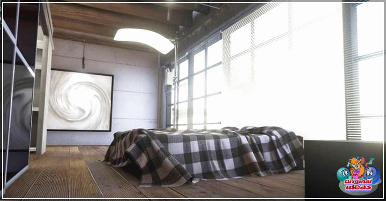 Idées élégantes de chambre loft (images de conception) () Chambre en mezzanine avec de larges planchers de bois en planches mur de fenêtres