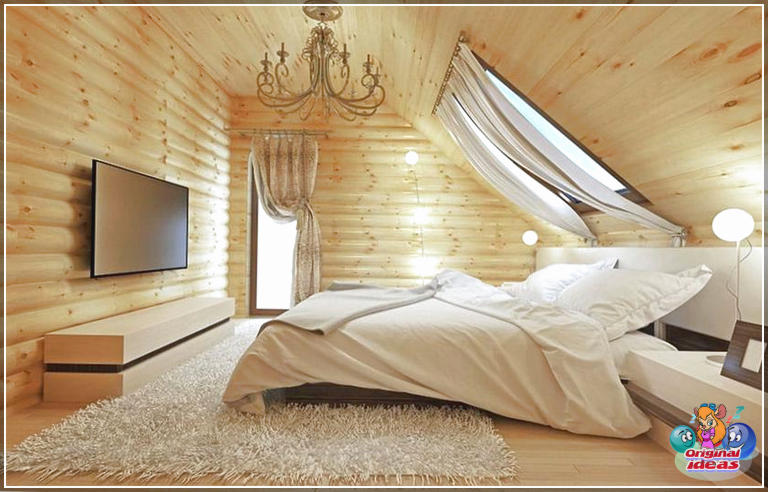 Idées élégantes de chambre loft (images de conception) () Chambre mezzanine en bois avec puits de lumière au-dessus du lit