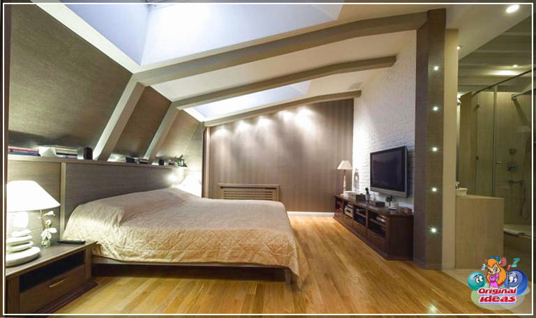 Idées élégantes de chambre loft (images de conception) () Chambre mezzanine avec murs en briques blanches peintes