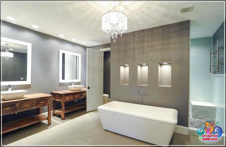 40 idées de design de salle de bain moderne (photos) () Salle de bains principale moderne grise avec lustre à tambour