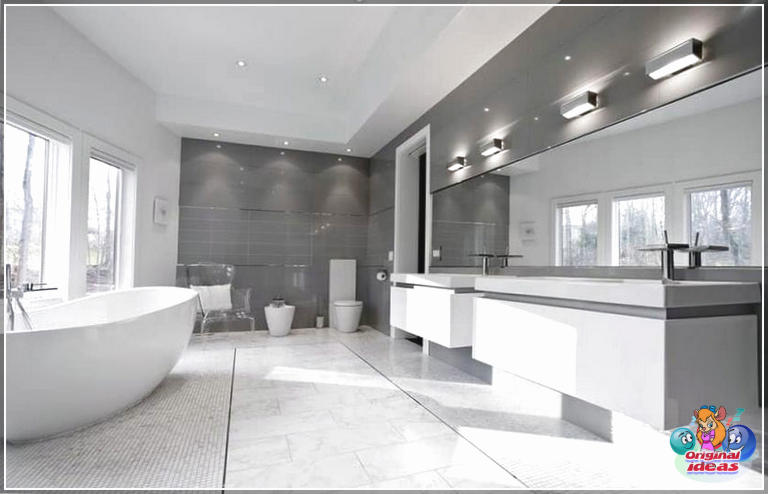 40 idées de design de salle de bain moderne (photos) () Salle de bain moderne grise et blanche avec sol en marbre de Carrare et baignoire en résine