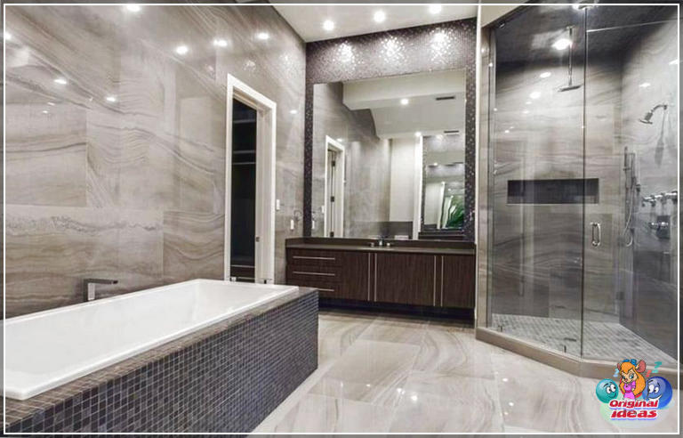 40 idées de design de salle de bain moderne (photos) () Salle de bain principale moderne avec murs en calcaire gris et douche à effet pluie