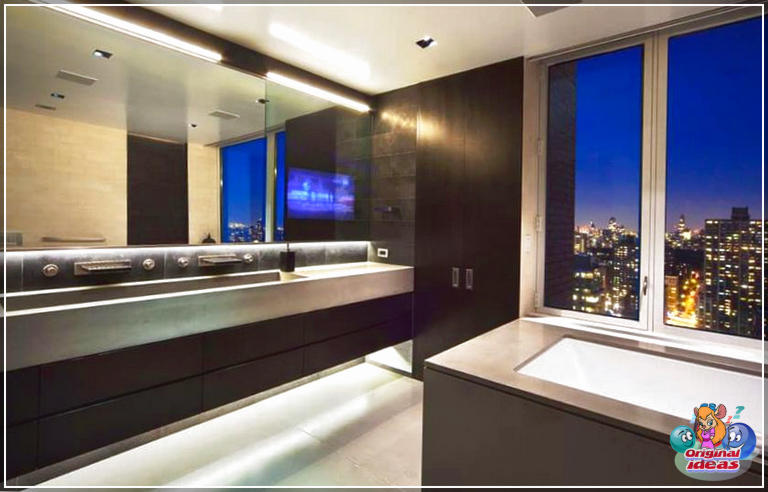 40 idées de design de salle de bain moderne (photos) () Salle de bain moderne sombre et élégante avec vue sur la ville haute