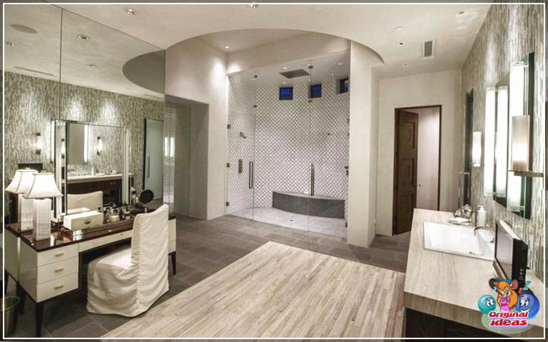 40 idées de design de salle de bain moderne (photos) () Belle salle de bain principale de luxe avec vanités de comptoir en granit et comptoir de maquillage