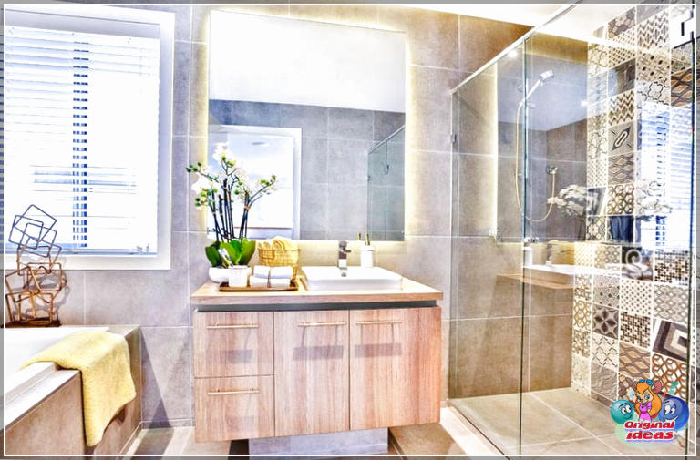 40 idées de design de salle de bain moderne (photos) () Salle de bain moderne avec carrelage marron et blanc