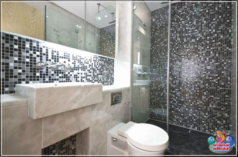 40 idées de design de salle de bain moderne (photos) () Salle de bain moderne avec carrelage mural en mosaïque métallique