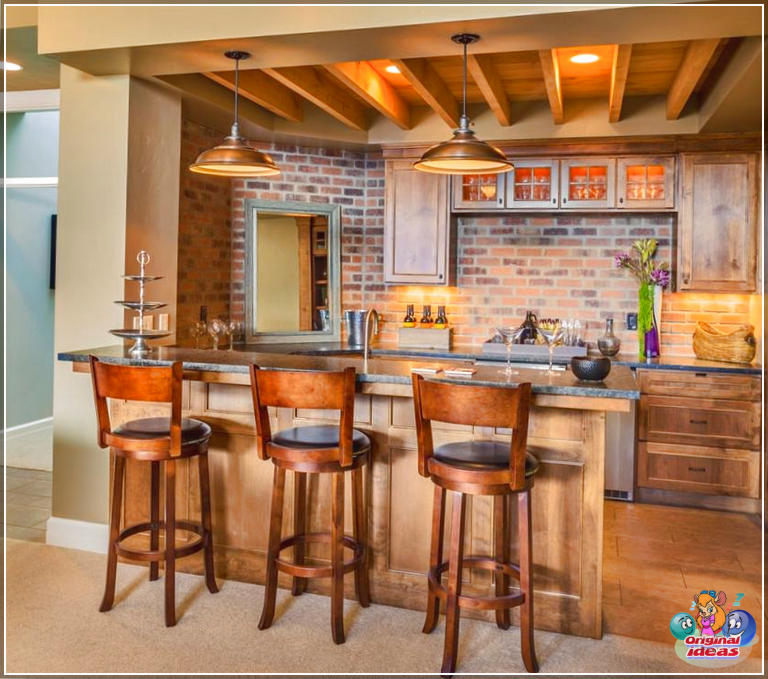 Idéias para bares em casa - 37 imagens de design elegante Bar caseiro rústico com backsplash de tijolo