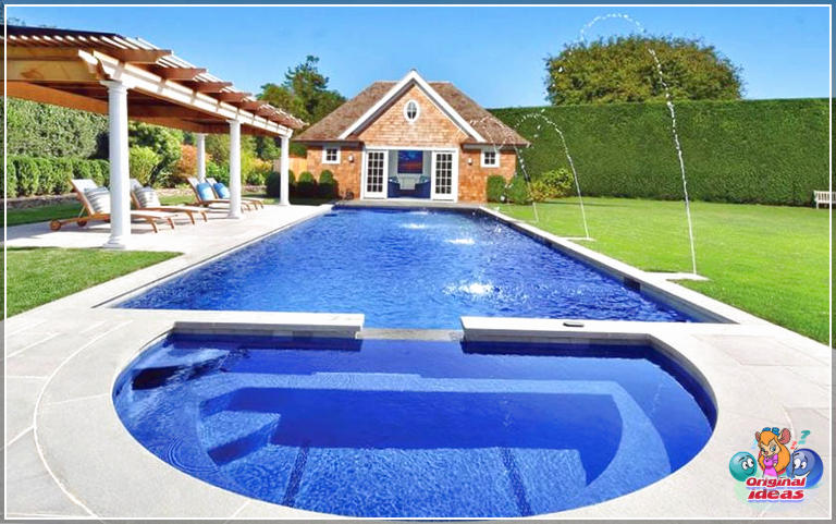 natation Piscine rectangulaire avec bain à remous en demi-cercle, fontaines et pergola