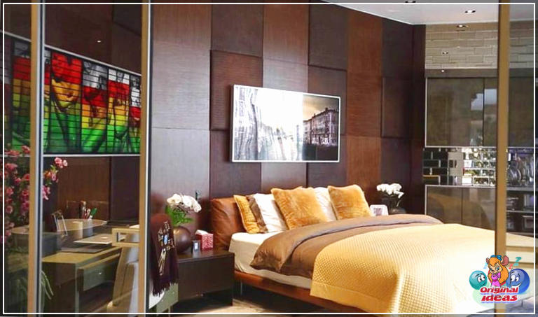 chambre à coucher Chambre des maîtres masculine avec mur d'accent brun