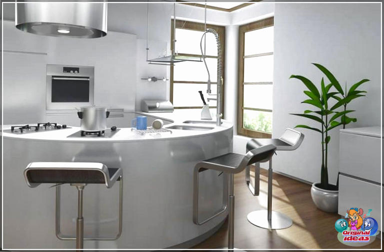 cuisine moderne Cuisine moderne incurvée en blanc avec tabourets de bar en acier inoxydable