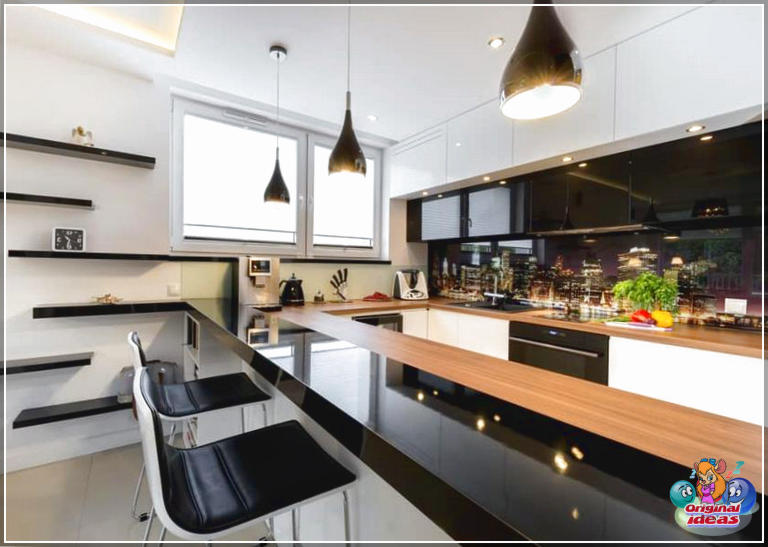 cuisine moderne Cuisine moderne noire avec dosseret imprimé paysage urbain