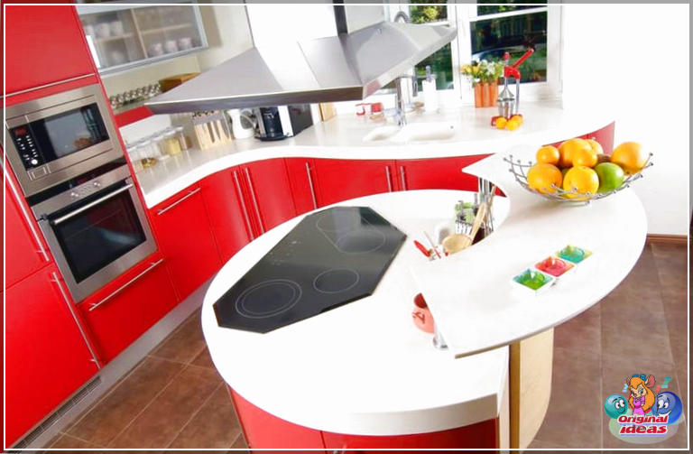cuisine moderne Petite cuisine moderne d'angle incurvé en rouge