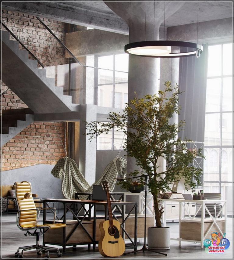 Яркие элементы декоративные и живые растения способны оживить бетонные стены