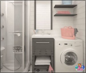 Дызайн ваннай пакоі з туалетам і пральная машына з 4 квадратных метраў. М: З ваннай, з душам, у клас...